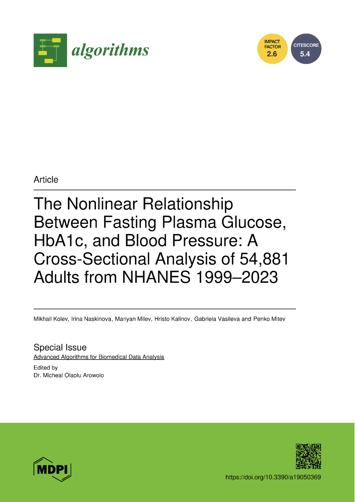 Заглавна страница на статия: „The Nonlinear Relationship Between Fasting Plasma Glucose…“ с лога и DOI.