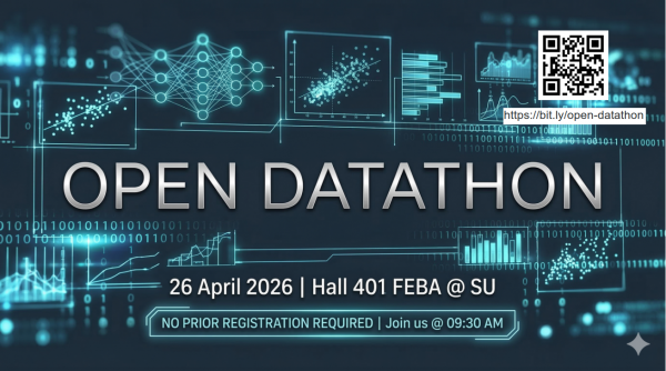Технологичен банер „OPEN DATATHON“ с графики, схеми, QR код и дата 26 април 2026.